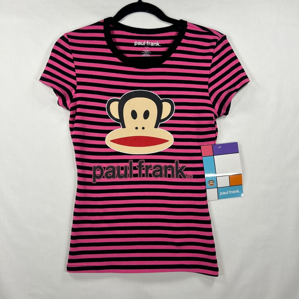 Paul Frank Pink & Black Striped Julius Monkey Graphic T-Shirt Size M